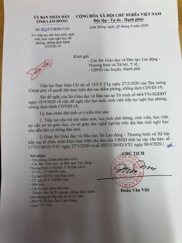 Thông báo của UBND tỉnh Lâm Đồng về việc học sinh tiếp tục nghỉ học